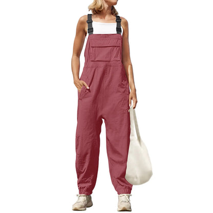 Jumpsuits- Women's Solid Bib Pencil Pantsuits with Multipockets - Baggy Overalls- Ginger- Chuzko Women Clothing