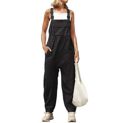 Jumpsuits- Women's Solid Bib Pencil Pantsuits with Multipockets - Baggy Overalls- Black- Chuzko Women Clothing
