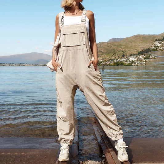 Women's Solid Bib Pencil Pantsuits with Multipockets - Baggy Overalls