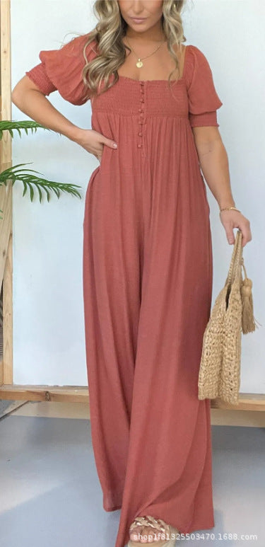 Jumpsuits- Women's Solid Wide-Leg Jumpsuit with Lantern Sleeves - Loose Full-Length Playsuit- Orange- Chuzko Women Clothing