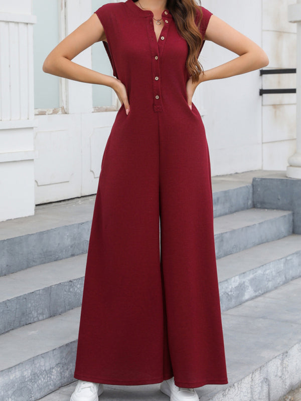 Jumpsuits- Women's Solid Wide-Leg Loose Jumpsuit - Oversized Playsuit- Wine Red- Chuzko Women Clothing