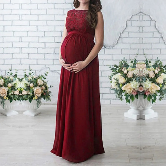 Maternity Dresses- Elegant Lace-Accented Maternity Dress for Special Events- Wine Red- Chuzko Women Clothing