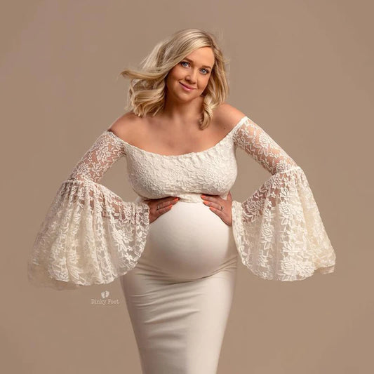 Maternity Dresses- Lace Sleeve Maternity Evening Gown - Floor-Length Mermaid Maternity Dress- - Chuzko Women Clothing