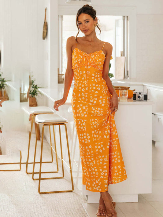 Maxi Dresses- Floral Vacation-ready Sheath Cami Maxi Dress with Frill Accents- Orange- Chuzko Women Clothing