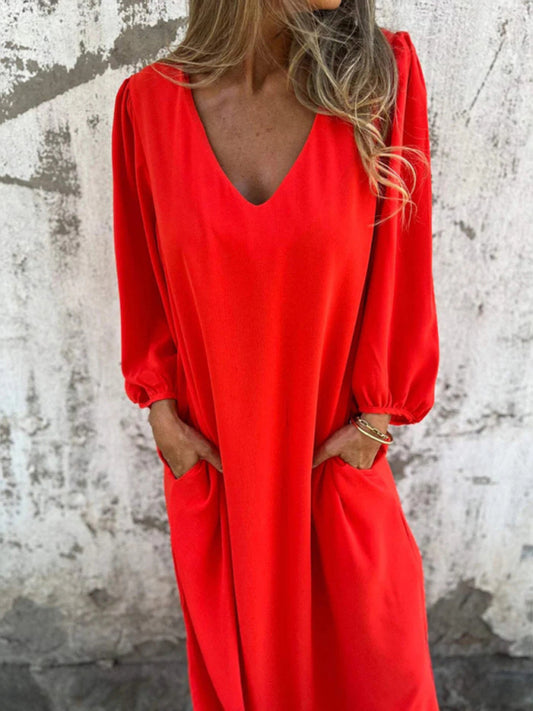 Maxi Dresses- Summer Loose V-Neck Tunic Maxi Dress with Long Sleeves- Orange Red- Chuzko Women Clothing