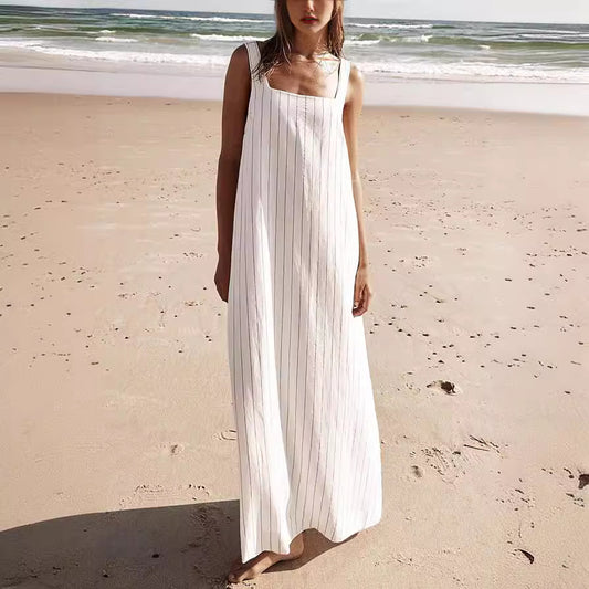 Maxi Dresses- Summer Trendy Tunic Cami Maxi Dress in Vertical Stripes- - Chuzko Women Clothing