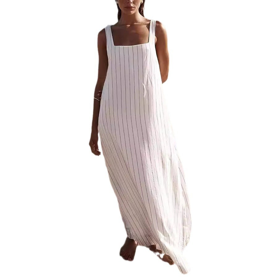 Maxi Dresses- Summer Trendy Tunic Cami Maxi Dress in Vertical Stripes- White- Chuzko Women Clothing