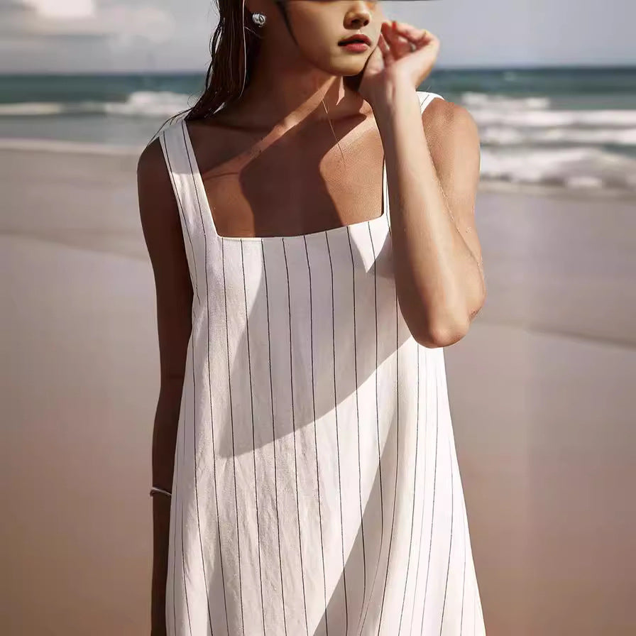Maxi Dresses- Summer Trendy Tunic Cami Maxi Dress in Vertical Stripes- - Chuzko Women Clothing