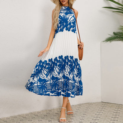 Midi Dresses- Floral Stand Collar Sleeveless Flowy Tunic Tent Dress for Summer- Blue- Chuzko Women Clothing