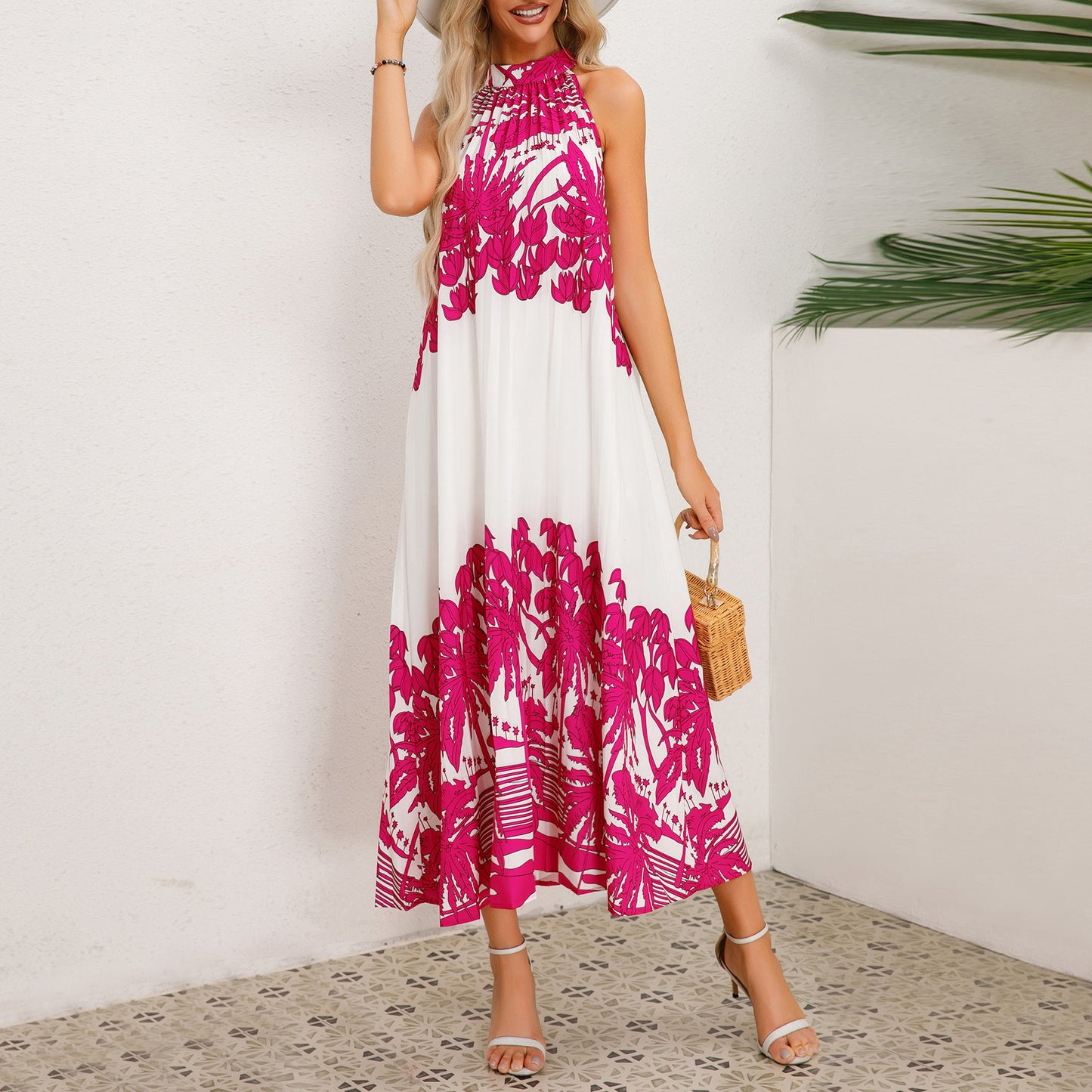 Midi Dresses- Floral Stand Collar Sleeveless Flowy Tunic Tent Dress for Summer- Rose Red- Chuzko Women Clothing