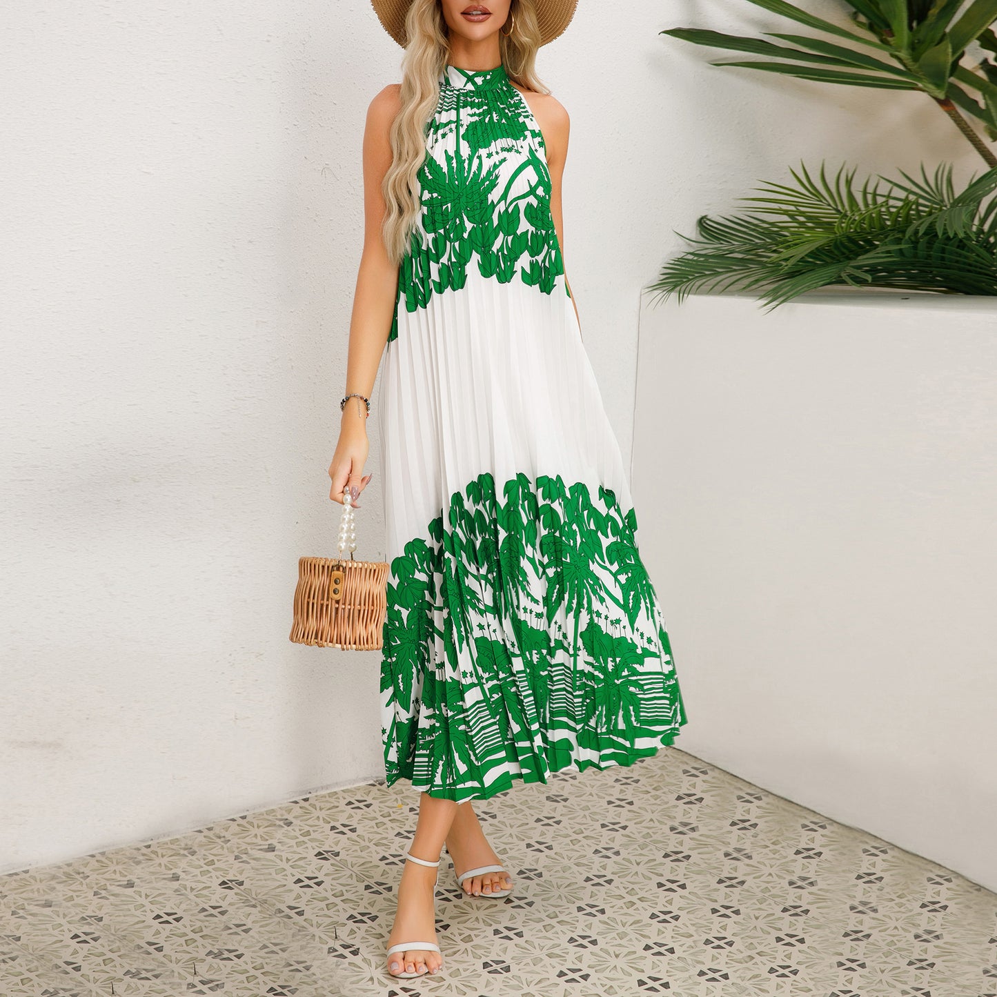 Midi Dresses- Floral Stand Collar Sleeveless Flowy Tunic Tent Dress for Summer- Green- Chuzko Women Clothing