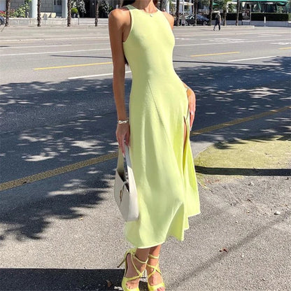 Midi Dresses- Solid Sleeveless A-Line Midi Dress with Slit for Summer- Green- Chuzko Women Clothing