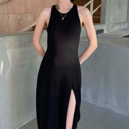 Midi Dresses- Solid Sleeveless A-Line Midi Dress with Slit for Summer- Black- Chuzko Women Clothing