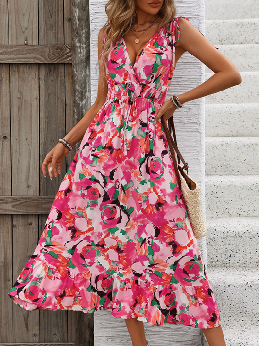 Midi Dresses- Summer Garden Party A-Line Midi Dress with Floral Print & Smocked Waistband- Rose- Chuzko Women Clothing