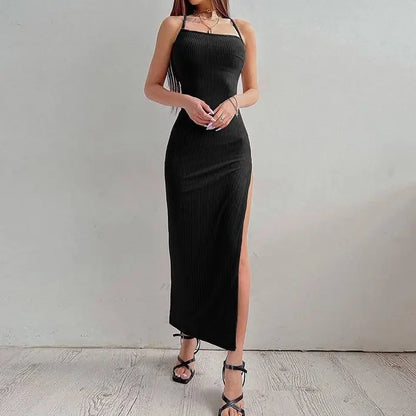 Summer Ribbed Halter Midi Dress with Lace-Up Back and Slit