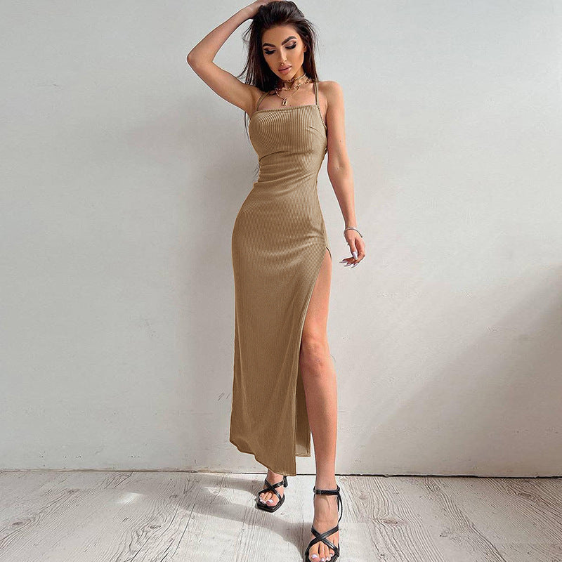 Summer Ribbed Halter Midi Dress with Lace-Up Back and Slit