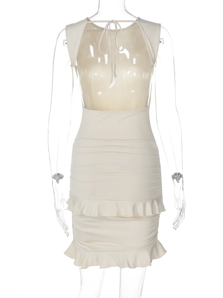 Mini Dresses- Solid Bodycon Mini Dress with Ruffle Backless Design- - Chuzko Women Clothing