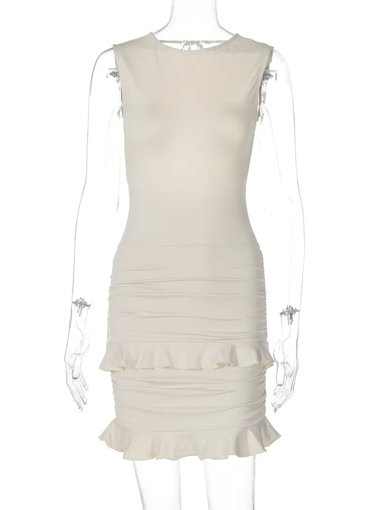 Mini Dresses- Solid Bodycon Mini Dress with Ruffle Backless Design- - Chuzko Women Clothing