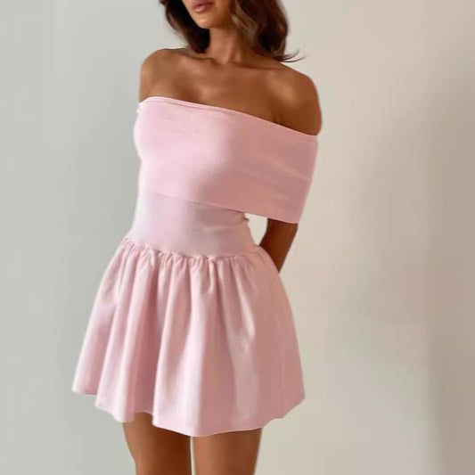Mini Dresses- Solid Fit & Flare Mini Dress for Any Occasion in Soft Cotton- Pink- Chuzko Women Clothing
