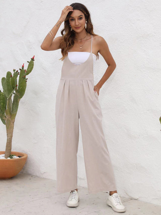 Overalls- Full-Length Bib Playsuit with Tie-Back - Women's Solid Overalls- Khaki- Chuzko Women Clothing