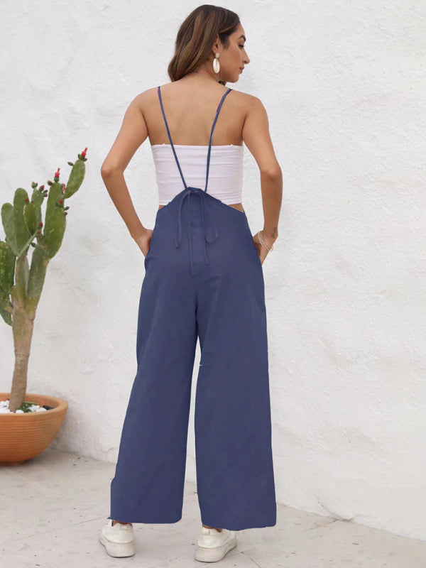 Overalls- Full-Length Bib Playsuit with Tie-Back - Women's Solid Overalls- - Chuzko Women Clothing