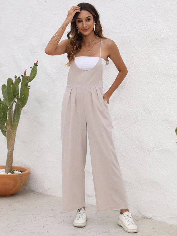 Overalls- Full-Length Bib Playsuit with Tie-Back - Women's Solid Overalls- - Chuzko Women Clothing