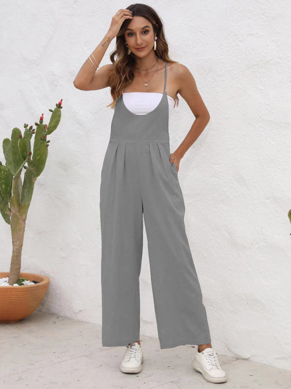 Overalls- Full-Length Bib Playsuit with Tie-Back - Women's Solid Overalls- Grey- Chuzko Women Clothing