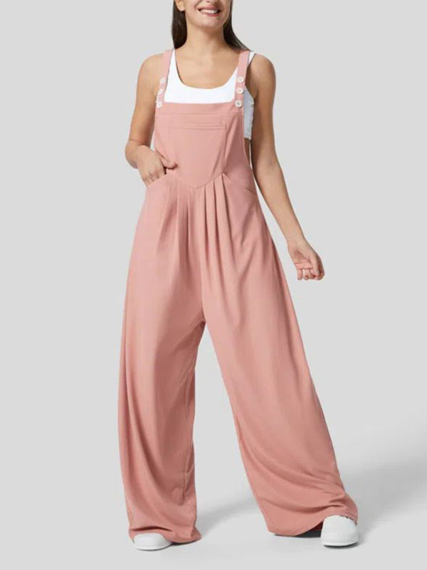 Wide-Leg Playsuit Loose Overalls for Women - Solid Utility Bib Pants