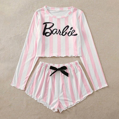 Pajamas- Pink Princess Women's Barbie Theme Pajamas - Long Sleeve Tee & Shorts- Pink And White Stripes- Chuzko Women Clothing