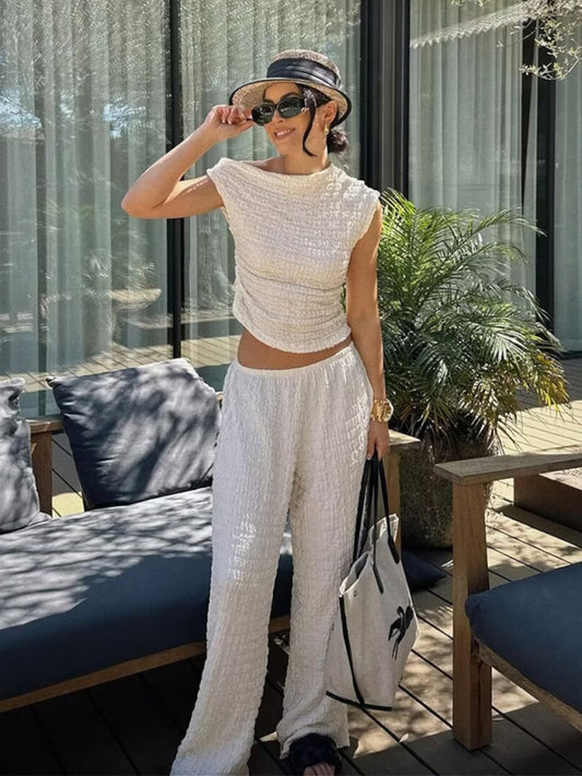 Pants Set- Relaxed Textured Women's One-Shoulder Top & Vacation Pants Set- Cream- Chuzko Women Clothing