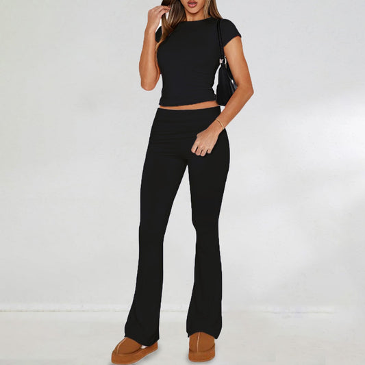 Pants Set- Women's Sporty Solid Tee & Wide-Waist Pants - 2 Piece Outfit- Black- Chuzko Women Clothing