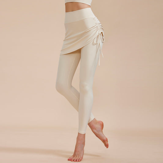 Pants- Women's Sporty Ruched Skirt Leggings for Dancing Class- Milk White- Chuzko Women Clothing