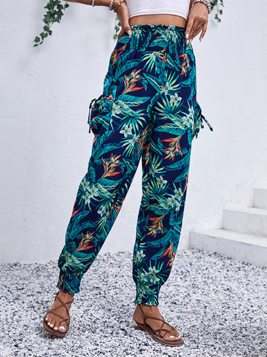 Pants- Women's Tropical Cargo Sweatpants with Smocked Waist- Champlain color- Chuzko Women Clothing