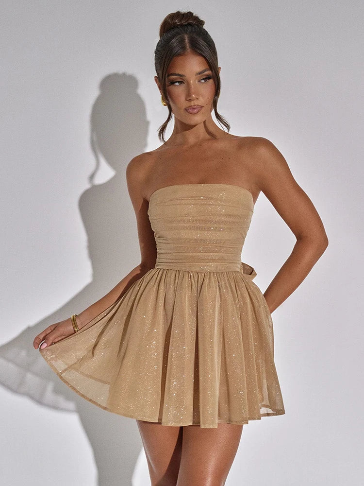 Party Dresses- Sparkle Elegant Strapless Fit and Flare Tube Dress- Chuzko Women Clothing
