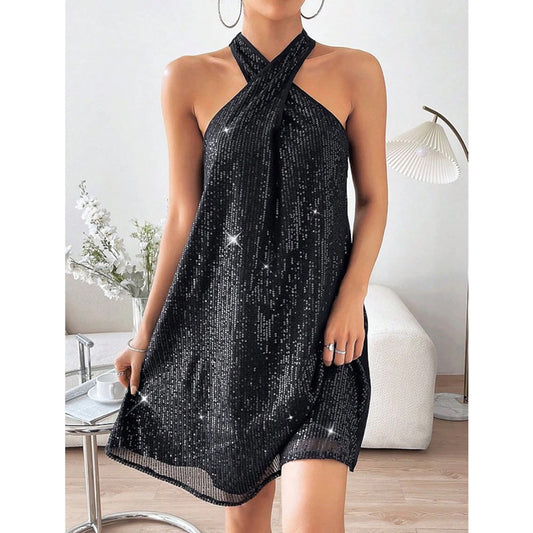 Party Dresses- Sparkle Sequined Halterneck Mini Dress for Parties- - Chuzko Women Clothing