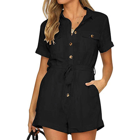 Solid Short-Length Playsuit with Belted Waist - Cotton Shirt Romper