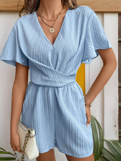 Women's Textured Romper with Bowknot Back - Short-Length Playsuit