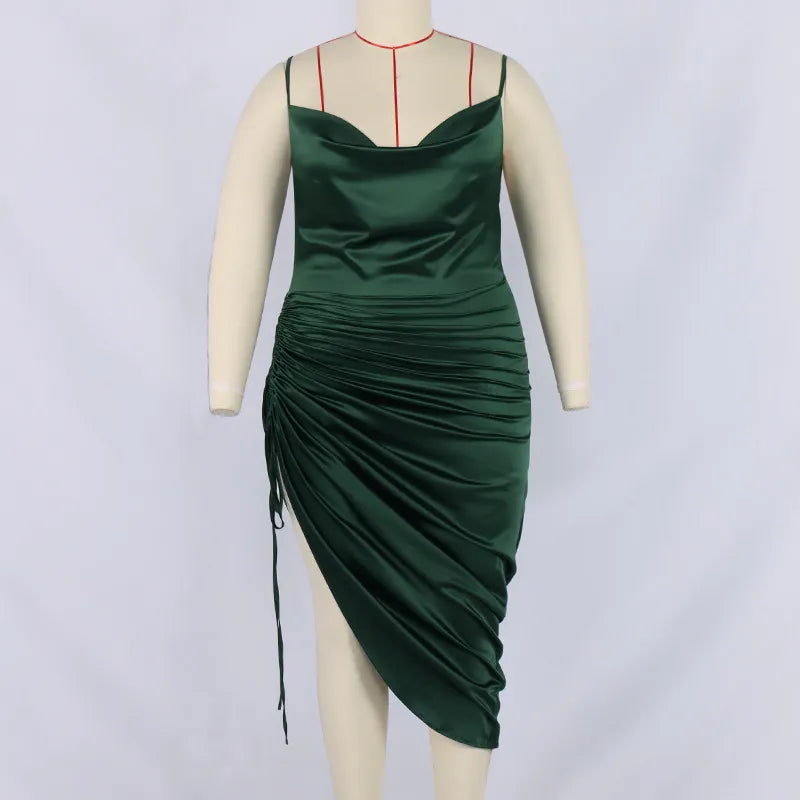 Satin Dresses- Elegant Curvy Satin Cowl Neck Midi Dress with Ruched Side- - Chuzko Women Clothing