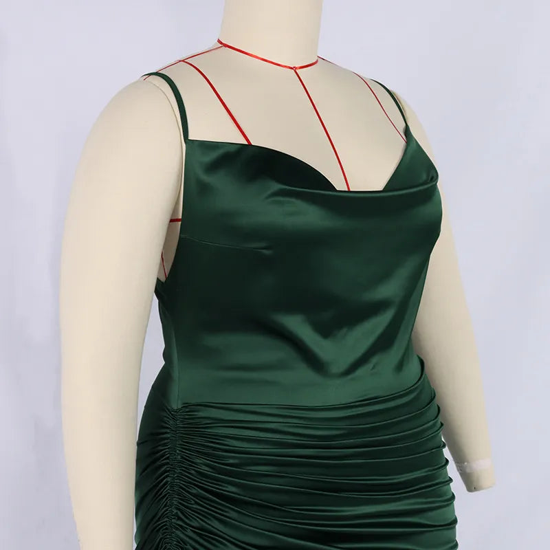 Satin Dresses- Elegant Curvy Satin Cowl Neck Midi Dress with Ruched Side- - Chuzko Women Clothing