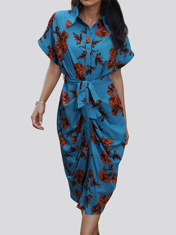 Floral Women's Sheath Midi Dress with Short Sleeves and Belt