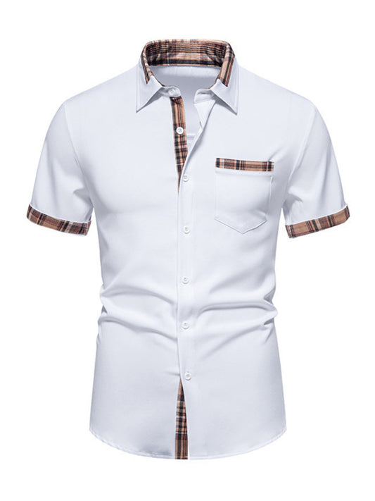Shirts- Men's Solid Short Sleeve Shirt with Contrast Plaid Hem- White- Chuzko Women Clothing