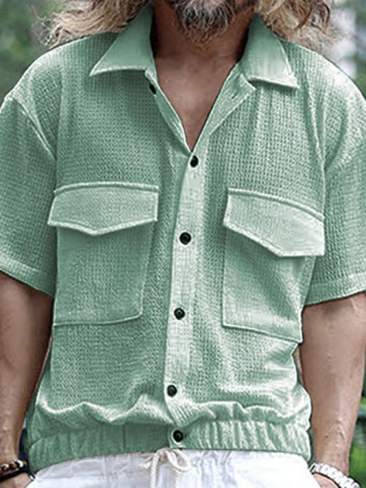 Shirts- Textured Button-Up Flap Shirt for Men with Short Sleeves- Fruit green- Chuzko Women Clothing