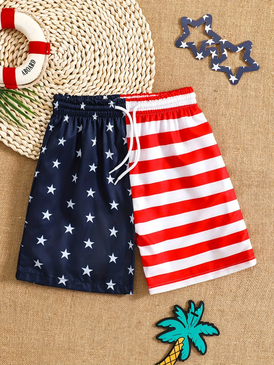 Shorts- Boys' American Flag Swim Shorts for Patriotic Celebrations- American Flag Print- Chuzko Women Clothing