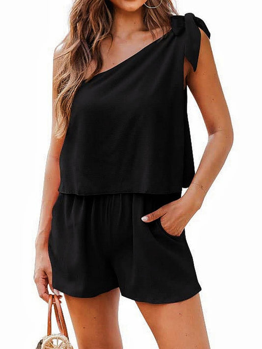 Shorts Sets- Solid One-Shoulder Blouse & Shorts Women's Summer Vacay Outfit- Black- Chuzko Women Clothing