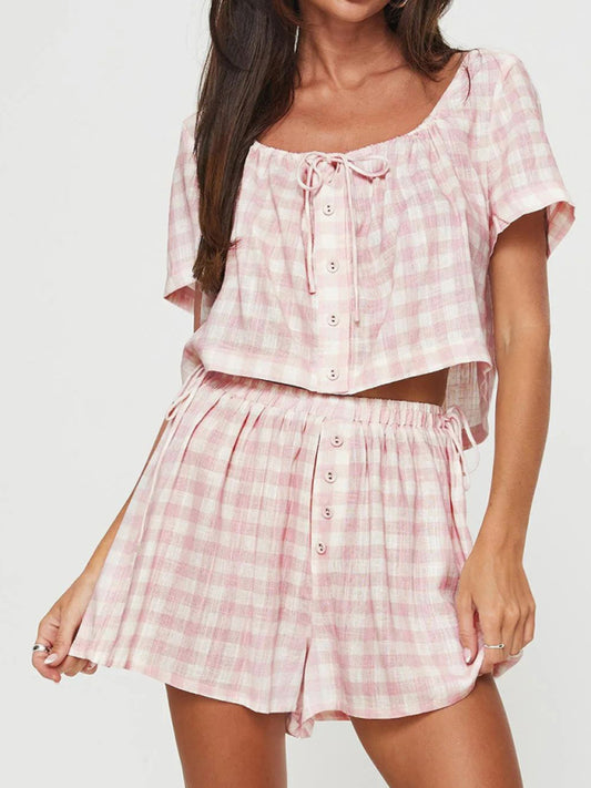 Shorts set- Gingham 2 Piece Outfit - Summer Lounge Shorts & Crop Top- Pink- Chuzko Women Clothing