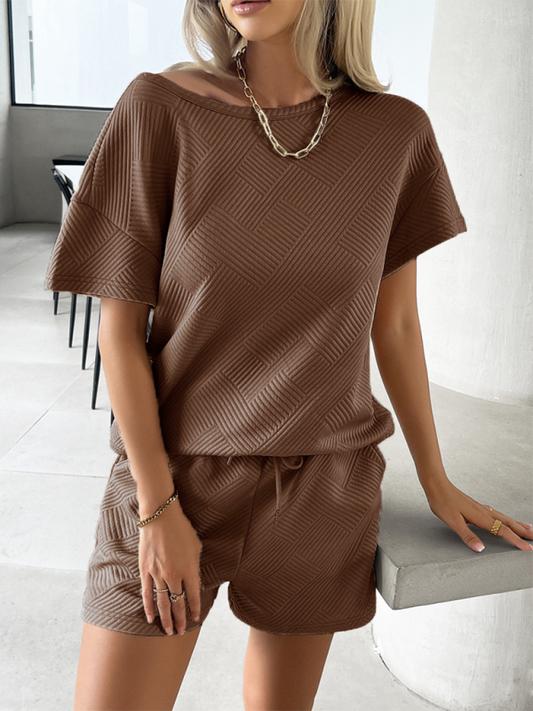 Shorts set- Relaxed Summer Style Casual Shorts & Textured T-Shirt Combo- Brown- Chuzko Women Clothing
