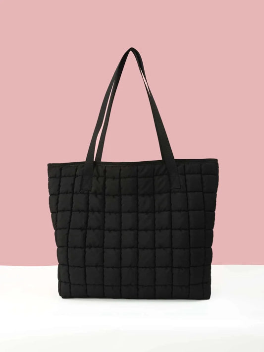 Shoulder Bags- Quilted Carryall Shoulder Bag- Black- Chuzko Women Clothing