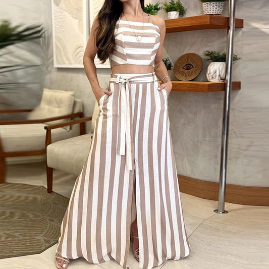 Skirt Set- Striped Belted Maxi Skirt & Cami Top 2 Piece Set for Women's Vacation- Camel- Chuzko Women Clothing