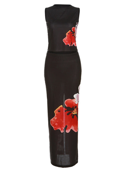 Fashion Women's Runway Maxi Skirt & Sleeveless Top in Black Floral