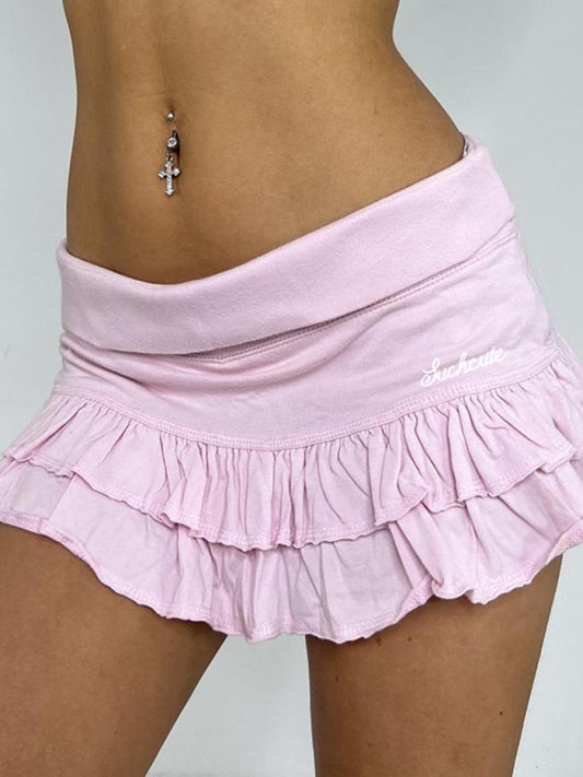 Skirts- Women's Tiered Ruffle Mini Skirt with Built-in Shorts- Pink- Chuzko Women Clothing